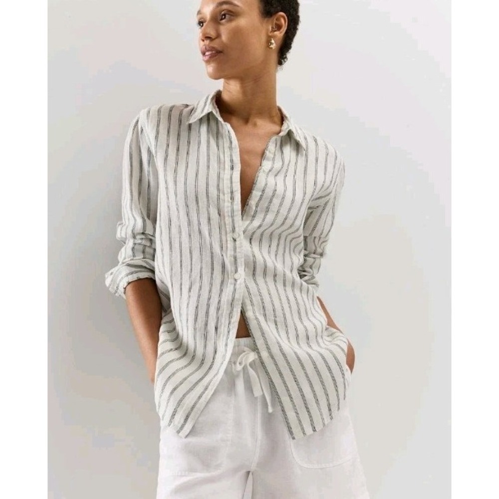 NWT Quince Women's 100% European Linen Button-up Shirt Sz M Oatmeal/Black Stripe